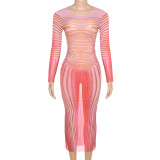 Round Neck Pullover Stripe Mesh Print Perspective Sexy Slim Fit Wrap Hip Dress