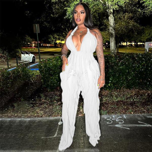 Fashion Wave Pattern Sexy Wrap Chest Strap Solid Color Long Casual Jumpsuit