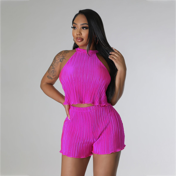 100 pleated fabric sleeveless vest shorts two-piece set