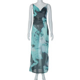 Printed Sexy V-Neck Strap Open Back Chiffon Dress