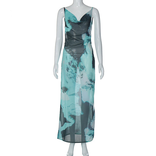 Printed Sexy V-Neck Strap Open Back Chiffon Dress