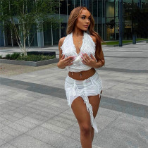 Fashion Hanging Neck, Open Back Feeling Street Spicy Girls' Ragged Head, Wind Wrapped Hip Skirt Set Fashion Hanging Neck, Open Back Feeling Street Spicy Girls' Ragged Head, Wind Wrapped Hip Skirt Set