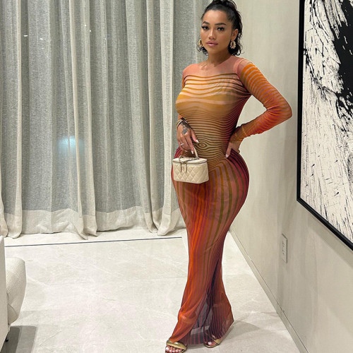 Round Neck Pullover Stripe Mesh Print Perspective Sexy Slim Fit Wrap Hip Dress