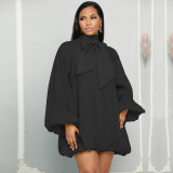 Women's bow decorated bubble sleeved loose chiffon dress with lining