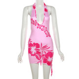 Fashionable 3D Print Hanging Neck Open Back Deep V Sexy Slim Fit Wrap Hip Dress