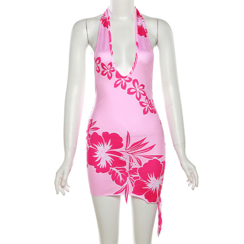 Fashionable 3D Print Hanging Neck Open Back Deep V Sexy Slim Fit Wrap Hip Dress