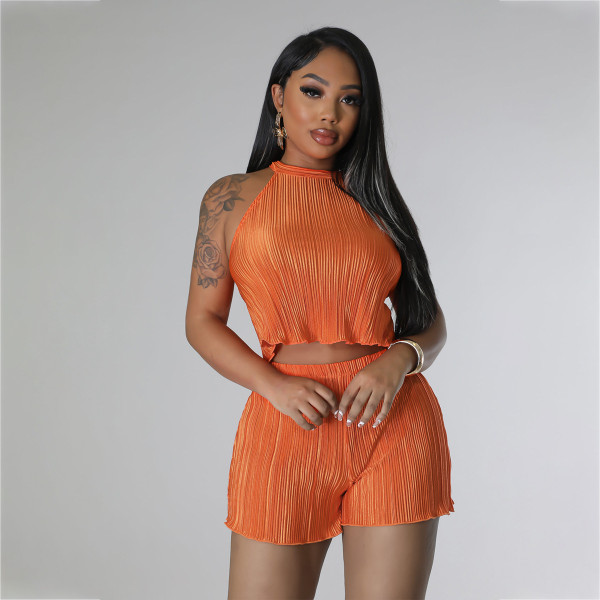 100 pleated fabric sleeveless vest shorts two-piece set