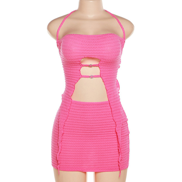 Fashion Hanging Neck, Open Back, Sexy Hollow Lace, Slim Fit, Hip Wrap Skirt Set