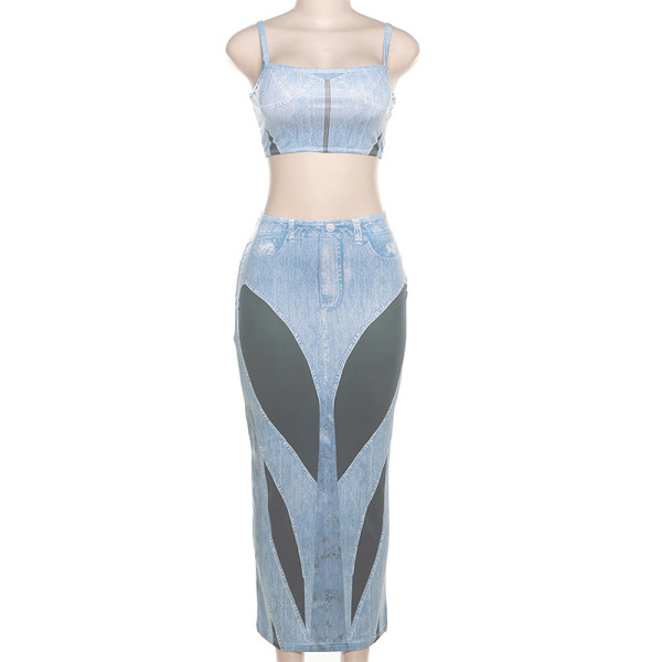 Fashion personality 3D denim printing Camisole high waist slim skirt suit