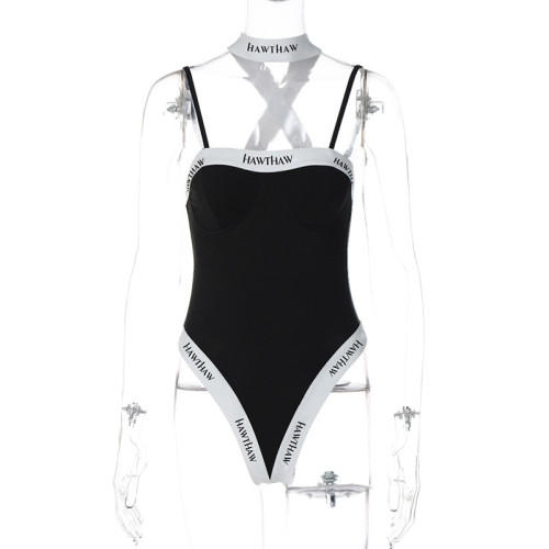 Color blocking sexy backless suspender One-piece swimsuit