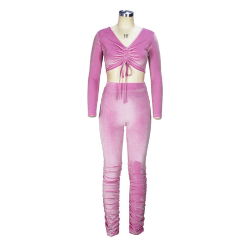 Fashion pile up pants set with V-neck pleated long style exposed navel short top and pants two-piece set