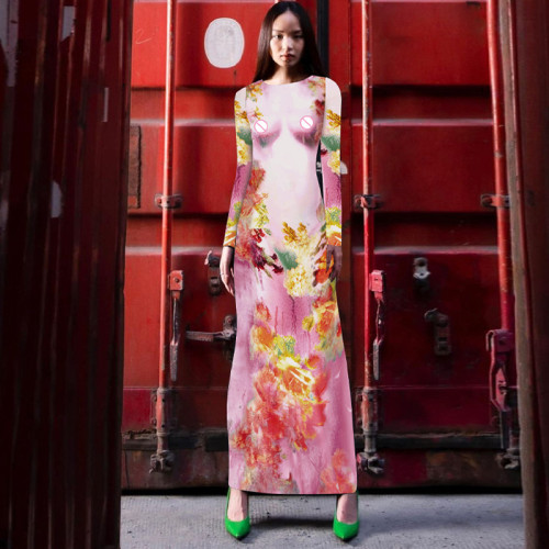 Fashion Printed Slim Fit Round Neck Long Sleeve Dress