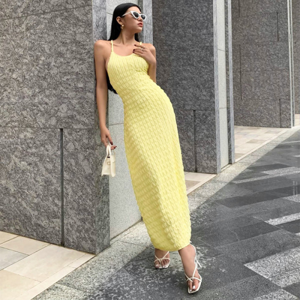 Temperament Solid Color Lace up Long Dress Sexy Spicy Girl Show White Open Back Strap Dress