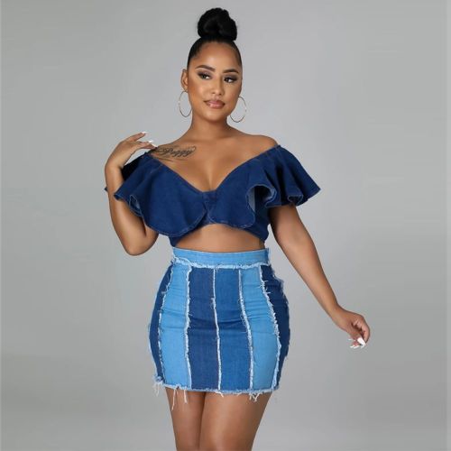 High waisted design with patchwork, washed pleated waistband, denim short skirt, half length skirt