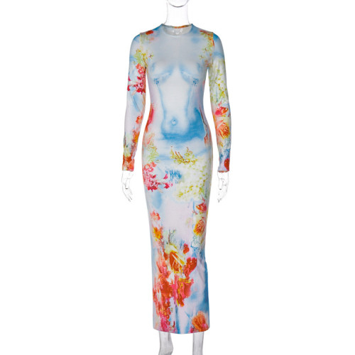 Fashion Printed Slim Fit Round Neck Long Sleeve Dress