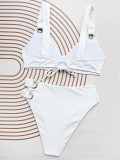 Solid color split small pit stripe swimsuit