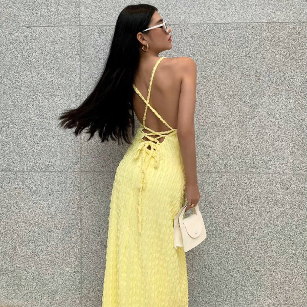 Temperament Solid Color Lace up Long Dress Sexy Spicy Girl Show White Open Back Strap Dress