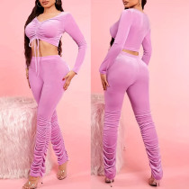 Fashion pile up pants set with V-neck pleated long style exposed navel short top and pants two-piece set Fashion pile up pants set with V-neck pleated long style exposed navel short top and pants two-piece set