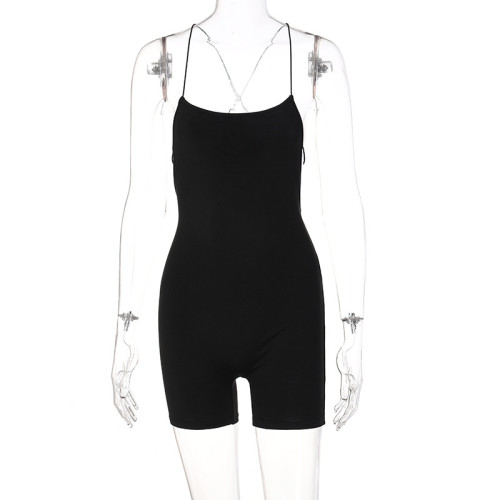 Solid color lace up one line neck open back jumpsuit