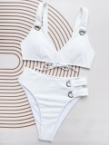 Solid color split small pit stripe swimsuit
