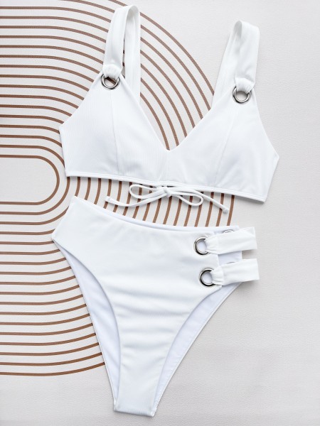 Solid color split small pit stripe swimsuit