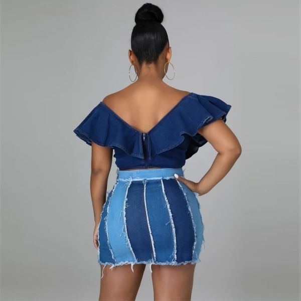 High waisted design with patchwork, washed pleated waistband, denim short skirt, half length skirt