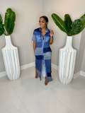 Women's contrasting color plaid split button loose shirt with lapel and large swing dress