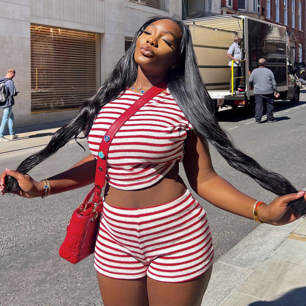 Fashion Knitted Stripe Short Sleeve Top High Waist Shorts Set