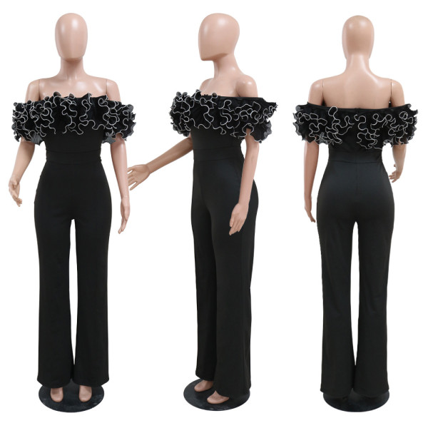 Sexy Tight One Line Neck Ruffle Lace jumpsuit