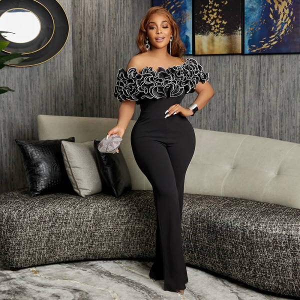 Sexy Tight One Line Neck Ruffle Lace jumpsuit