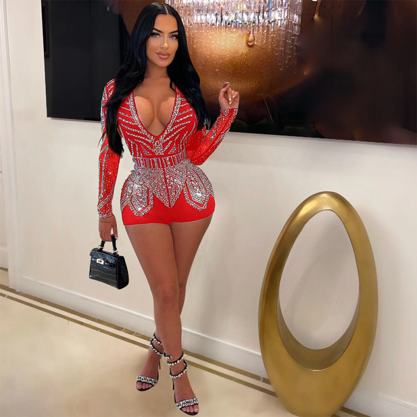 Sexy deep V-neck perspective polyester mesh long sleeved patchwork straight denim slim fitting jumpsuit