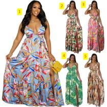 Fashionable women's printed drawstring long dress