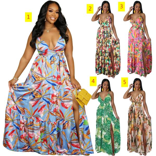 Fashionable women's printed drawstring long dress