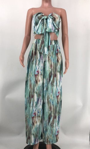 Women's printed bra with exposed navel wide leg pants two-piece set