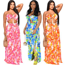 Fashionable women's printed bra and two piece skirt with large hem Fashionable women's printed bra and two piece skirt with large hem