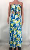 Fashionable women's printed bra and two piece skirt with large hem