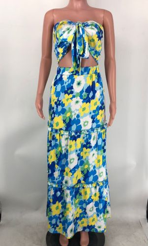 Fashionable women's printed bra and two piece skirt with large hem