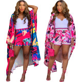 Women's printed cardigan shorts set, two-piece set