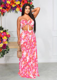 Fashionable women's printed bra and two piece skirt with large hem