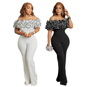 Sexy Tight One Line Neck Ruffle Lace jumpsuit