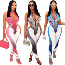 Fashion Women's Digital Printing Sleeveless Zipper Slim Fit Pants Two Piece Set