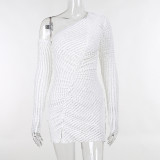 Elegant and Elegant Slim Fit Oblique Collar Split Lace Asymmetric Long Sleeve Dress