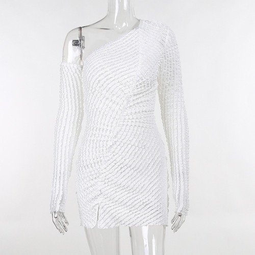 Elegant and Elegant Slim Fit Oblique Collar Split Lace Asymmetric Long Sleeve Dress