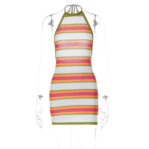 Women's fashion color matching sexy backless hanging neck and buttocks fitting dress