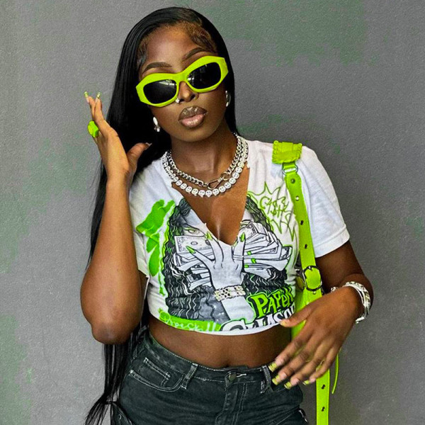 Imitation cotton sexy deep V printed short sleeved navel exposed T-shirt