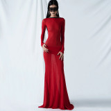 Women's Sexy Mesh Open Back Strap Long Sleeve Extra Long Dress