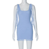 Solid color niche versatile patchwork ribbon sexy slightly transparent double layered dress