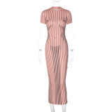 Fitted and protruding short sleeved printed long dress