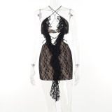 Sexy Lace Cross Neck Design Short Skirt Slim Fit Open Back Fashion Ribbon Hollow Out Dress