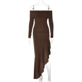 Fashionable Women's Style One Shoulder Long Sleeve Fit Ruffle Edge Long Dress